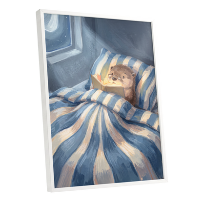 Bedtime for Bookish Otter, blue, beige, brown nature wall art shown as a white framed poster wall art print