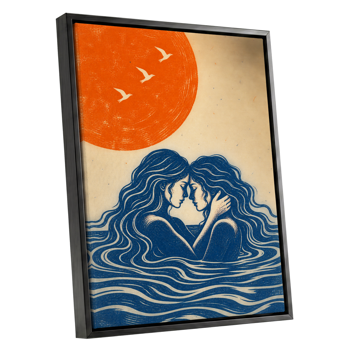 Beneath an Orange Sun, blue, orange, beige minimalist wall art shown as a black framed canvas wall art