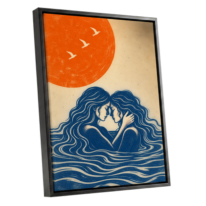 Beneath an Orange Sun, blue, orange, beige minimalist wall art shown as a black framed canvas wall art