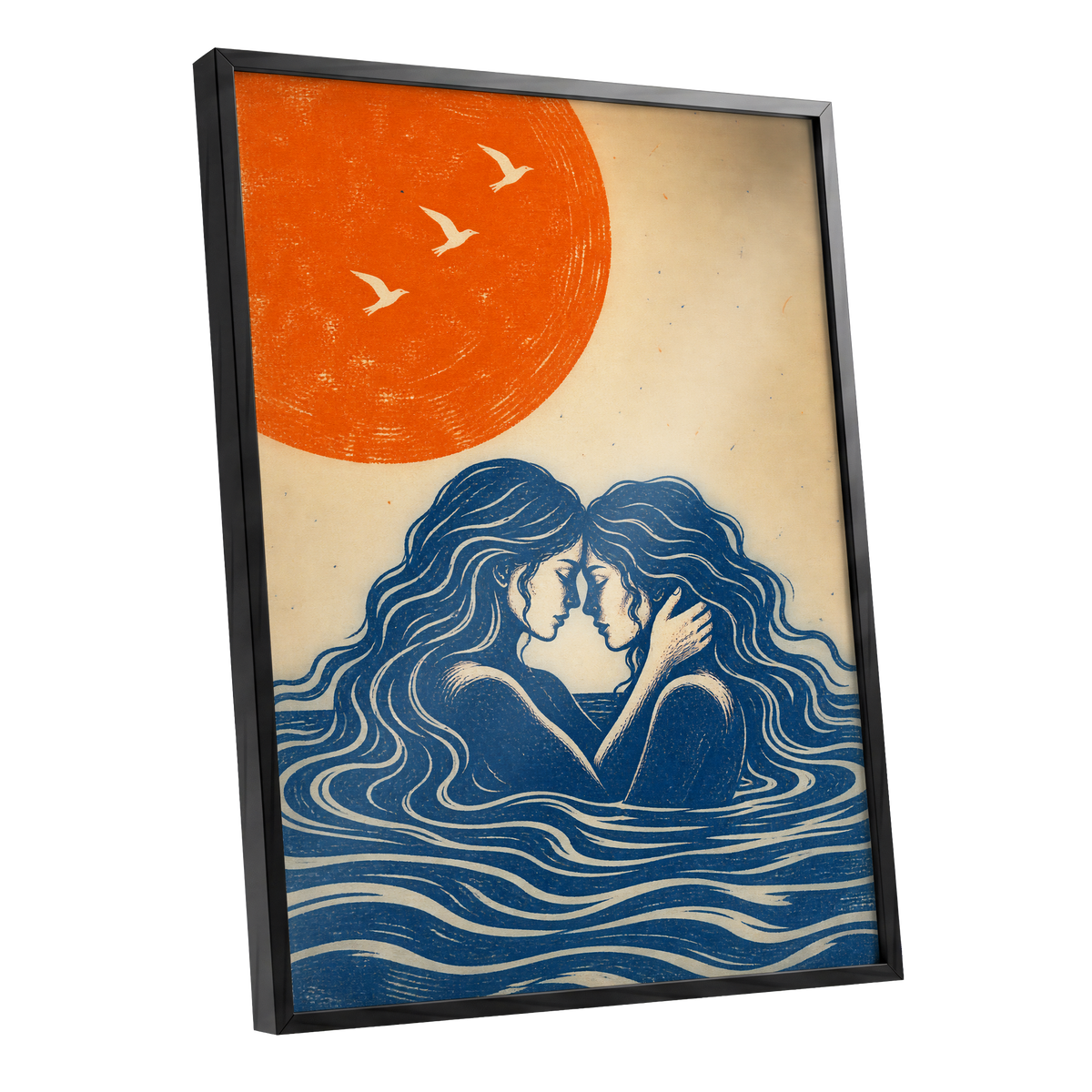 Beneath an Orange Sun, blue, orange, beige minimalist wall art shown as a black framed poster wall art print