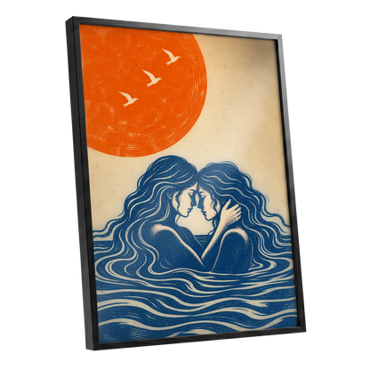 Beneath an Orange Sun, blue, orange, beige minimalist wall art shown as a black framed poster wall art print