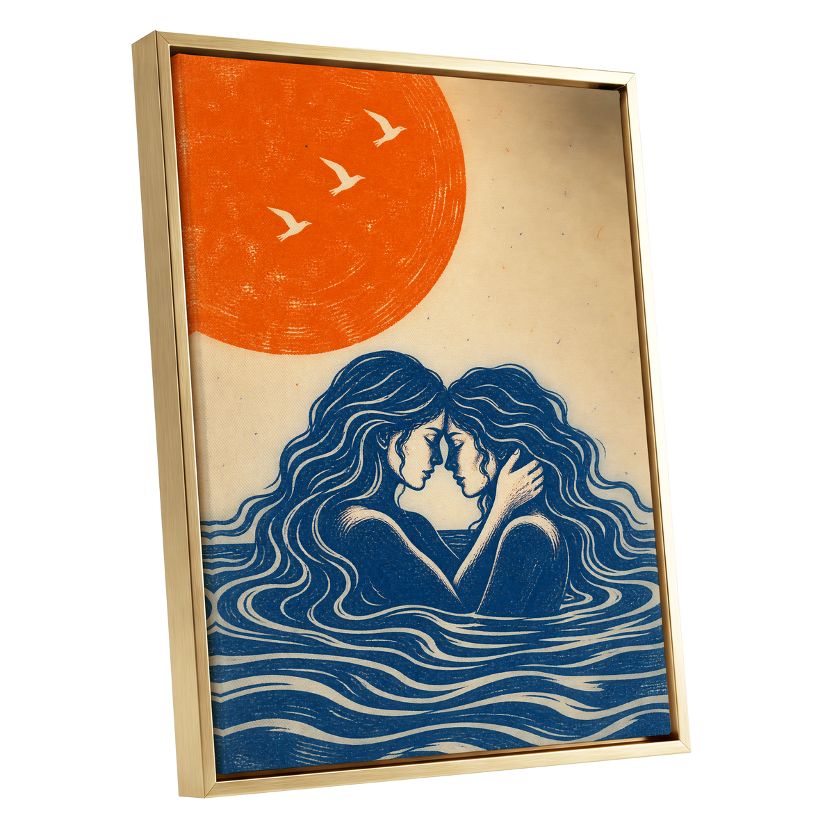 Beneath an Orange Sun, blue, orange, beige minimalist wall art shown as a gold framed canvas wall art