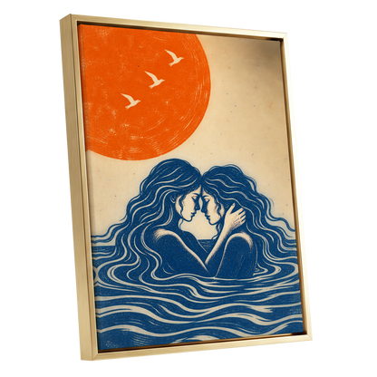 Beneath an Orange Sun, blue, orange, beige minimalist wall art shown as a gold framed canvas wall art