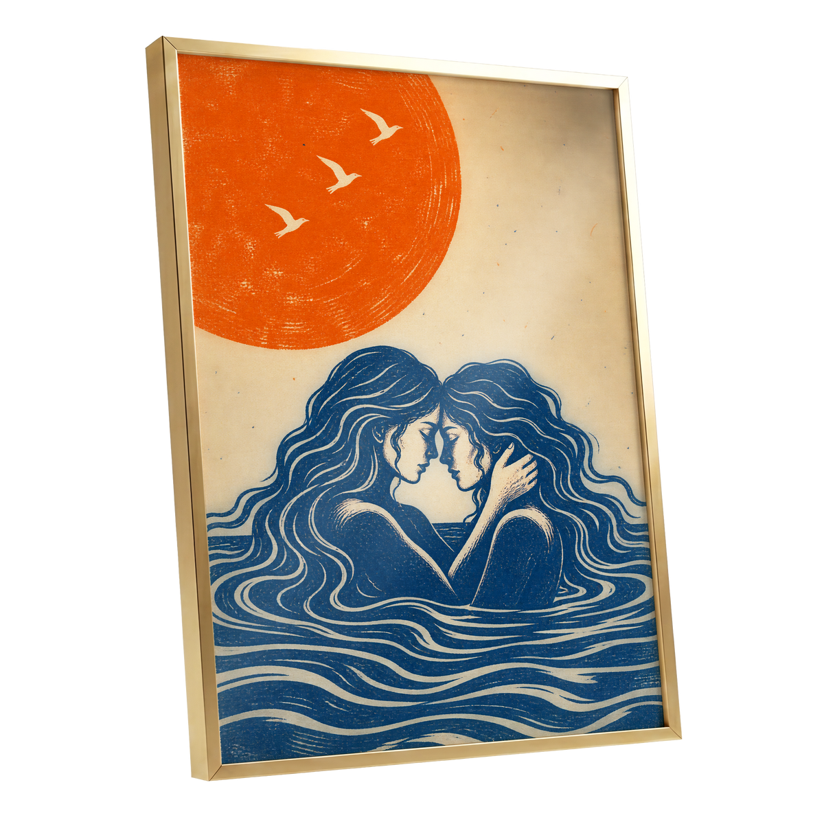 Beneath an Orange Sun, blue, orange, beige minimalist wall art shown as a gold framed poster wall art print