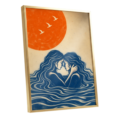 Beneath an Orange Sun, blue, orange, beige minimalist wall art shown as a gold framed poster wall art print