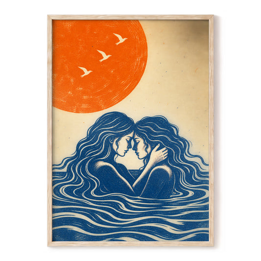 Beneath an Orange Sun, blue, orange, beige minimalist wall art, front artwork view
