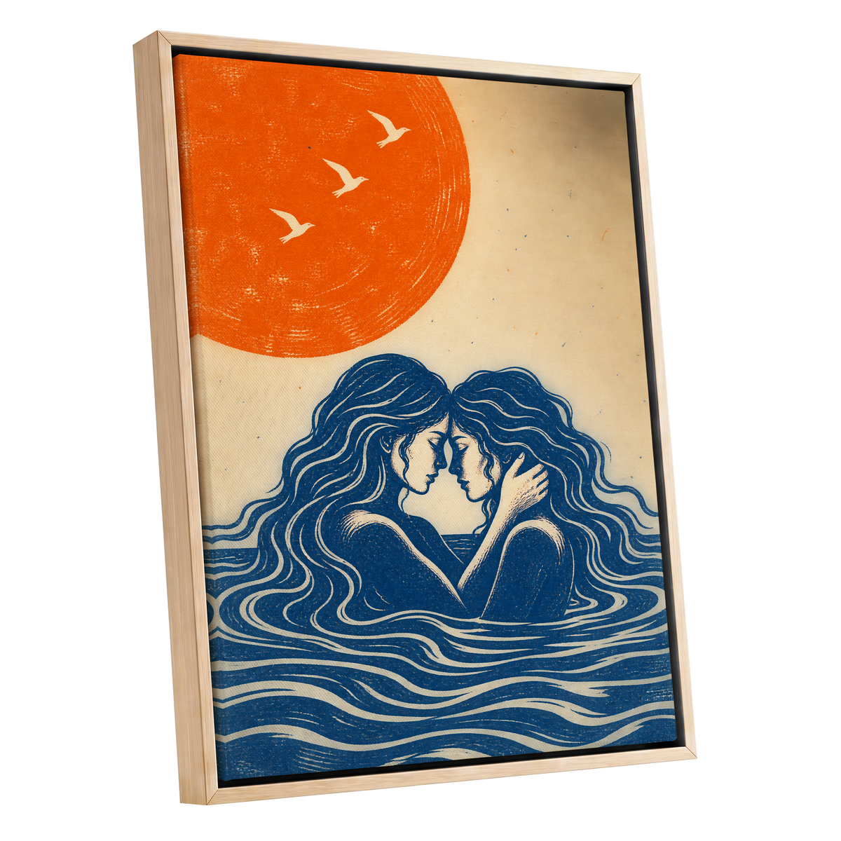 Beneath an Orange Sun, blue, orange, beige minimalist wall art shown as a oak framed canvas wall art