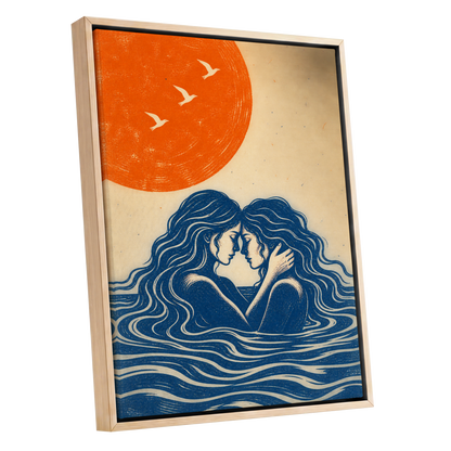 Beneath an Orange Sun, blue, orange, beige minimalist wall art shown as a oak framed canvas wall art