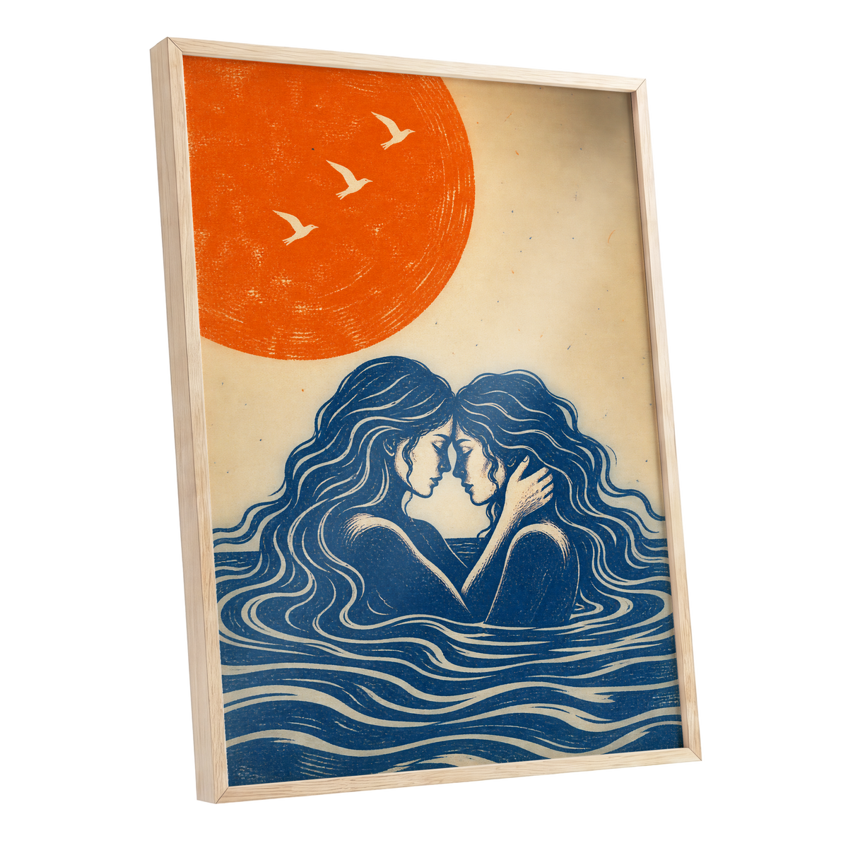 Beneath an Orange Sun, blue, orange, beige minimalist wall art shown as a oak framed poster wall art print