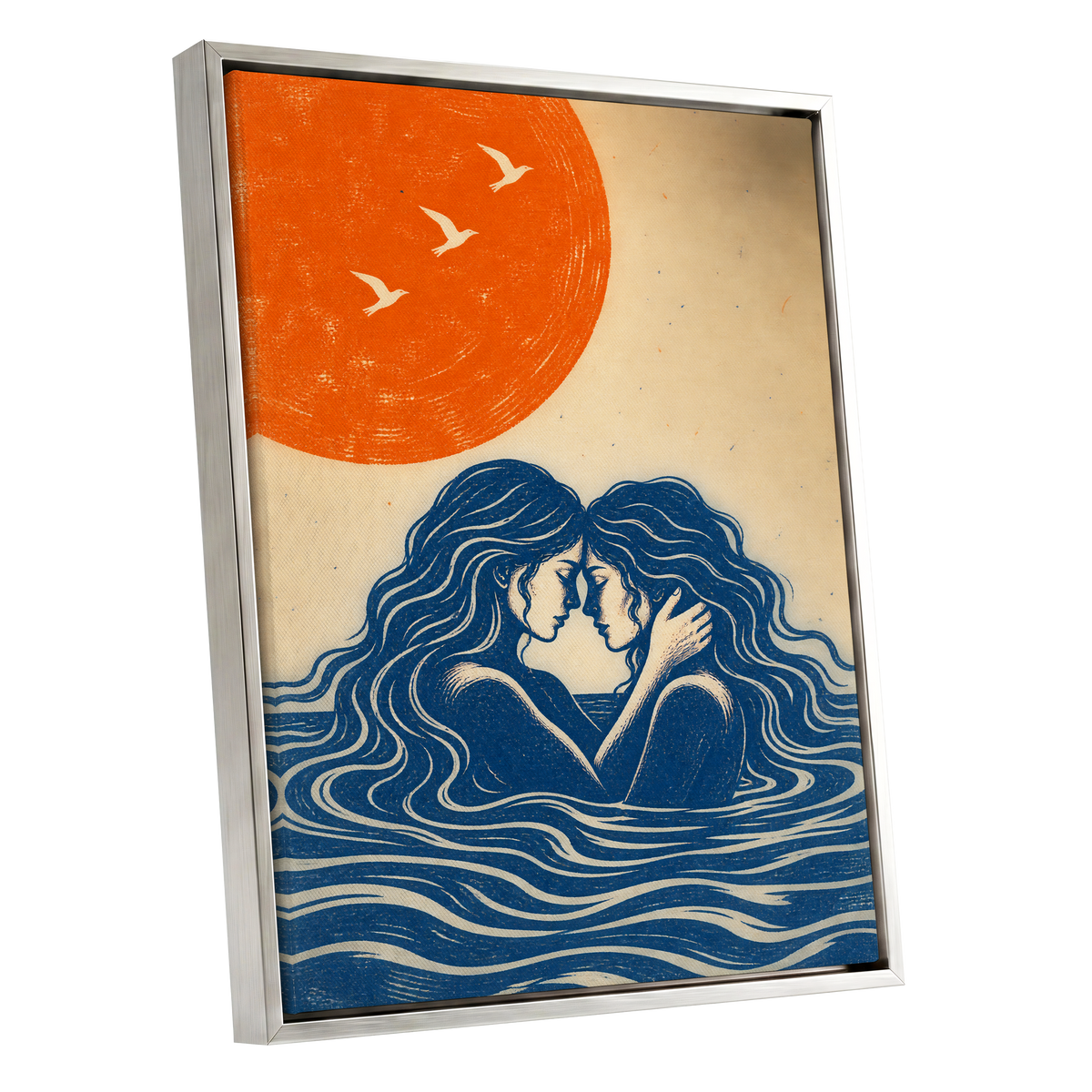Beneath an Orange Sun, blue, orange, beige minimalist wall art shown as a silver framed canvas wall art
