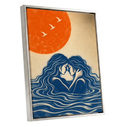 Beneath an Orange Sun, blue, orange, beige minimalist wall art shown as a silver framed canvas wall art