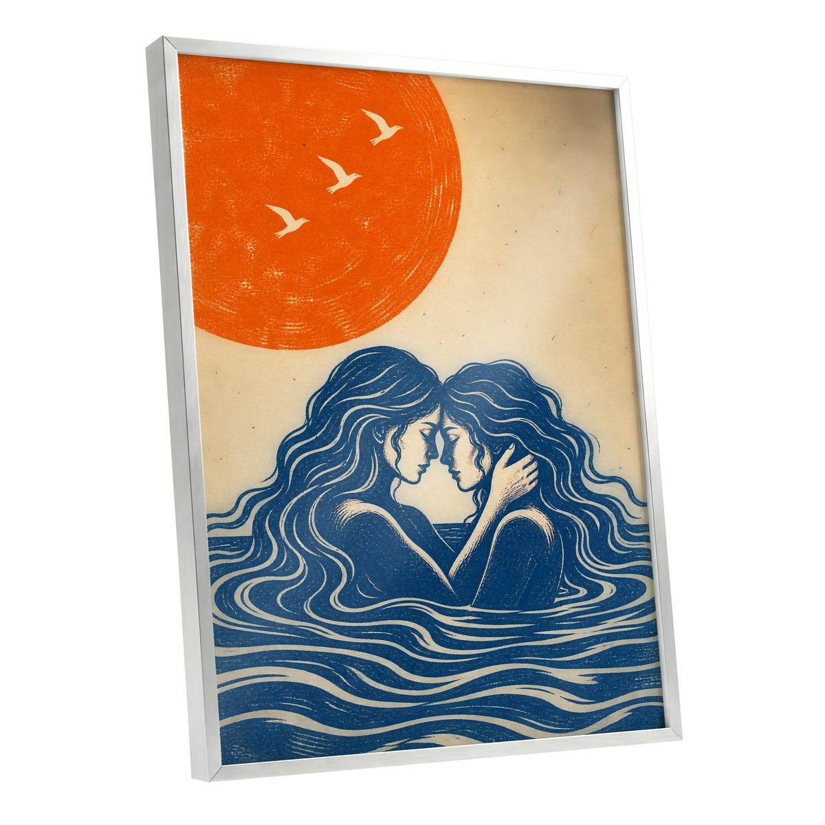 Beneath an Orange Sun, blue, orange, beige minimalist wall art shown as a silver framed poster wall art print