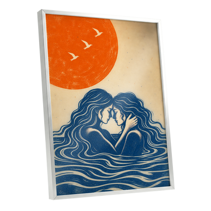 Beneath an Orange Sun, blue, orange, beige minimalist wall art shown as a silver framed poster wall art print