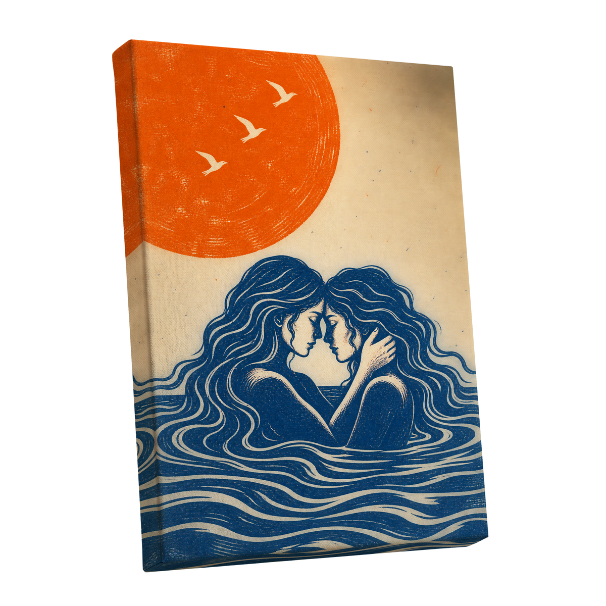 Beneath an Orange Sun, blue, orange, beige minimalist wall art shown as a stretched canvas wall art