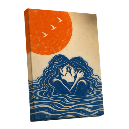 Beneath an Orange Sun, blue, orange, beige minimalist wall art shown as a stretched canvas wall art