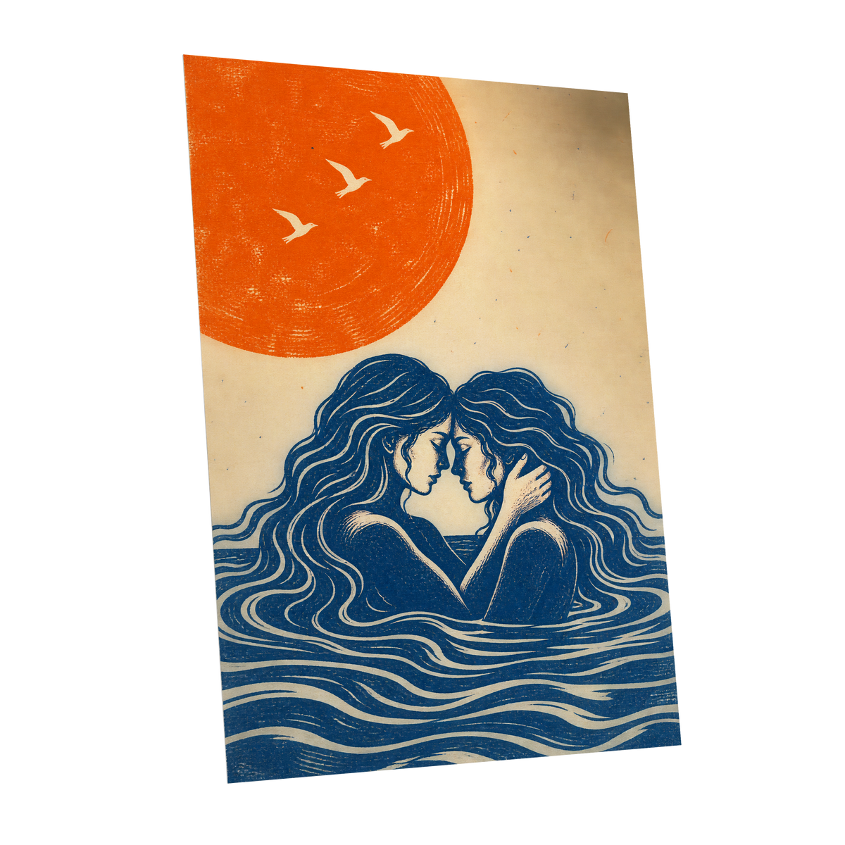 Beneath an Orange Sun, blue, orange, beige minimalist wall art shown as a unframed poster wall art print