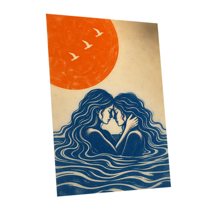Beneath an Orange Sun, blue, orange, beige minimalist wall art shown as a unframed poster wall art print