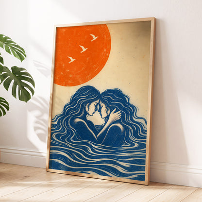 Beneath an Orange Sun, blue, orange, beige minimalist wall art displayed in a styled interior, gallery view 2
