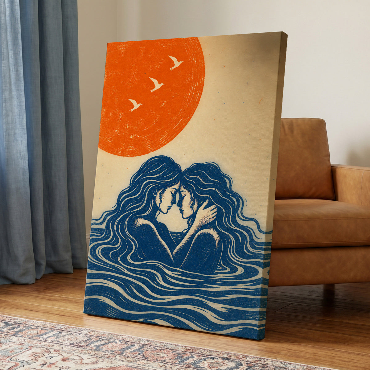 Beneath an Orange Sun, blue, orange, beige minimalist wall art displayed in a styled interior, gallery view 3