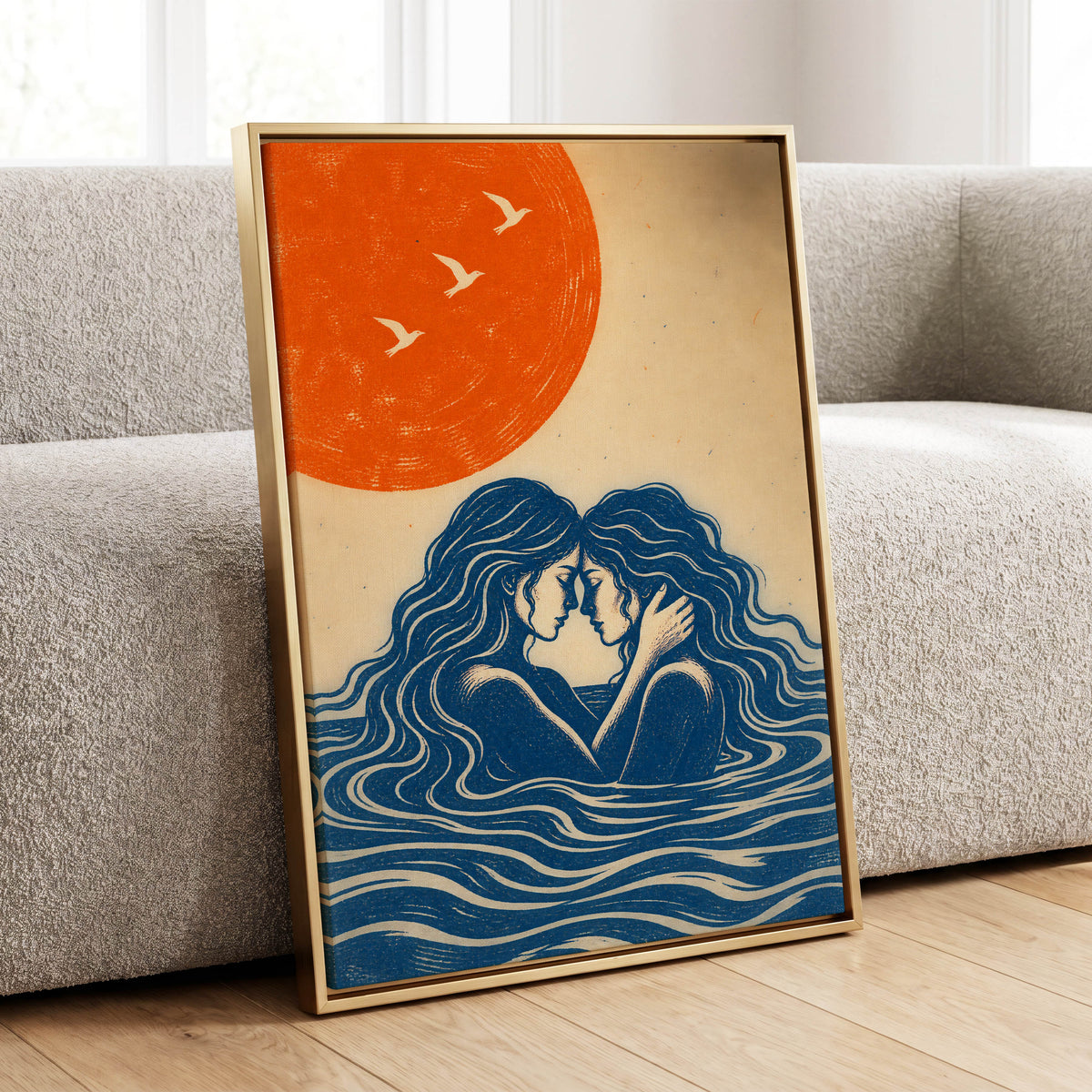 Beneath an Orange Sun, blue, orange, beige minimalist wall art displayed in a styled interior, gallery view 4