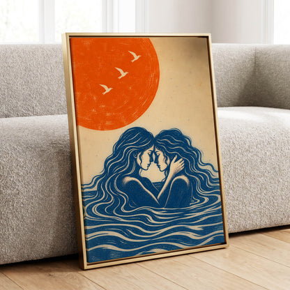 Beneath an Orange Sun, blue, orange, beige minimalist wall art displayed in a styled interior, gallery view 4