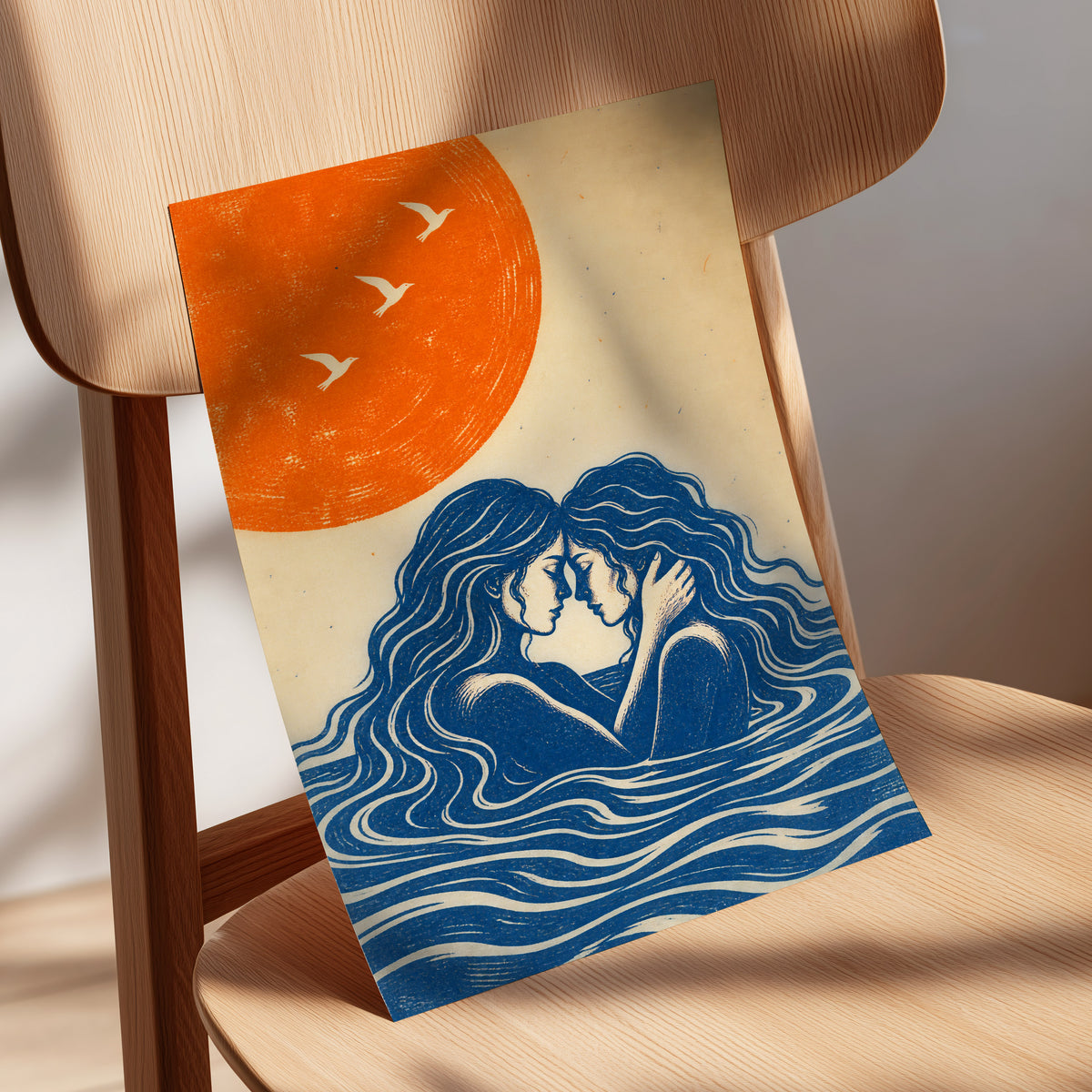 Beneath an Orange Sun, blue, orange, beige minimalist wall art displayed in a styled interior, gallery view 5