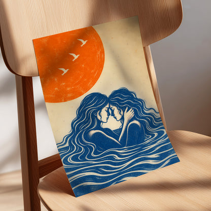 Beneath an Orange Sun, blue, orange, beige minimalist wall art displayed in a styled interior, gallery view 5