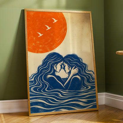 Beneath an Orange Sun, blue, orange, beige minimalist wall art displayed in a styled interior, gallery view 6