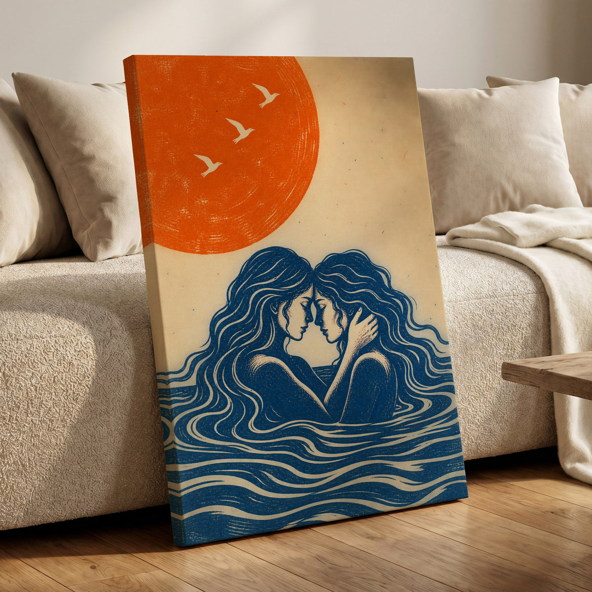 Beneath an Orange Sun, blue, orange, beige minimalist wall art displayed in a styled interior, gallery view 7
