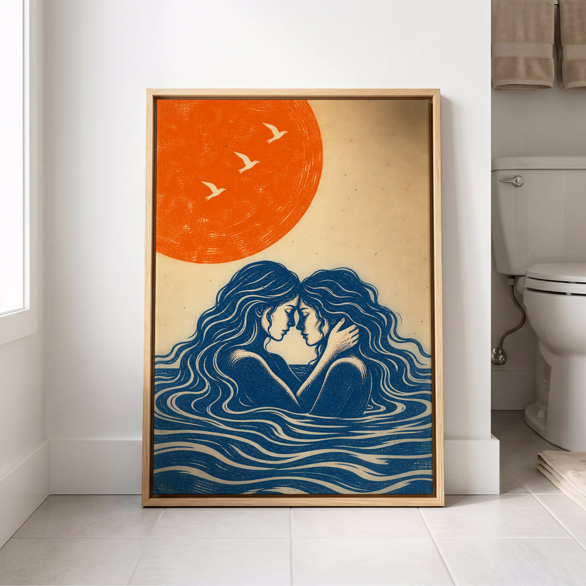 Beneath an Orange Sun, blue, orange, beige minimalist wall art displayed in a styled interior, gallery view 8