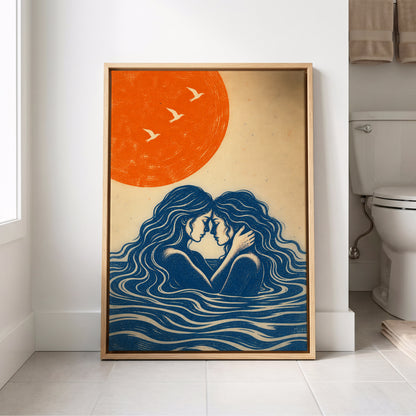 Beneath an Orange Sun, blue, orange, beige minimalist wall art displayed in a styled interior, gallery view 8