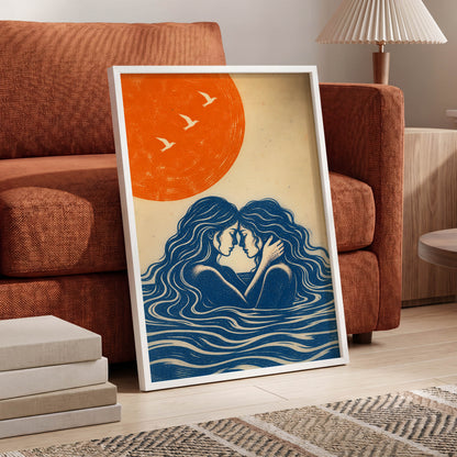 Beneath an Orange Sun, blue, orange, beige minimalist wall art displayed in a styled interior, gallery view 9