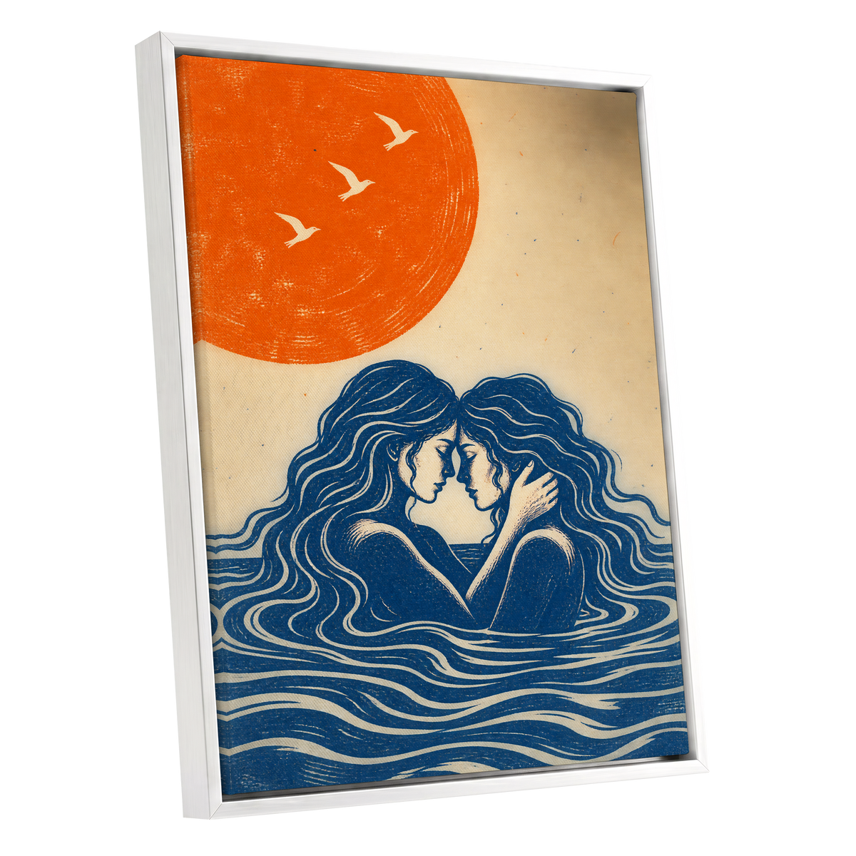 Beneath an Orange Sun, blue, orange, beige minimalist wall art shown as a white framed canvas wall art
