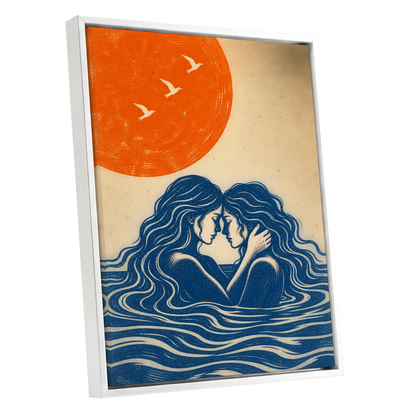 Beneath an Orange Sun, blue, orange, beige minimalist wall art shown as a white framed canvas wall art