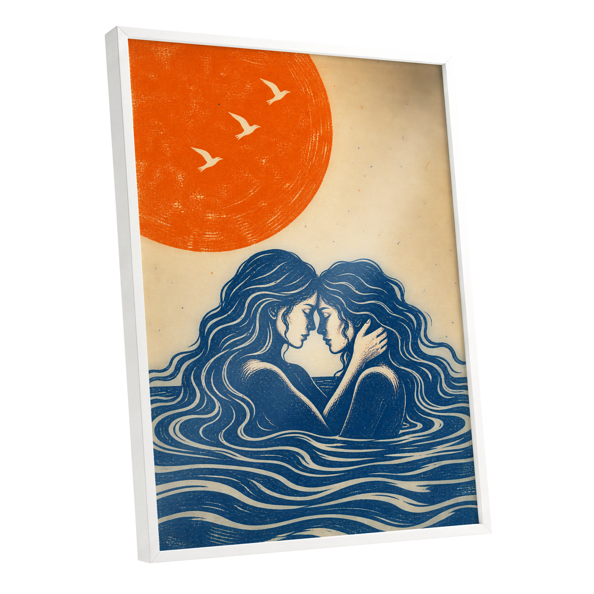 Beneath an Orange Sun, blue, orange, beige minimalist wall art shown as a white framed poster wall art print