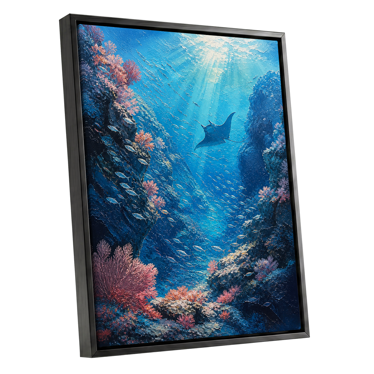 Beneath Azure Waters, blue, pink, white nature wall art shown as a black framed canvas wall art