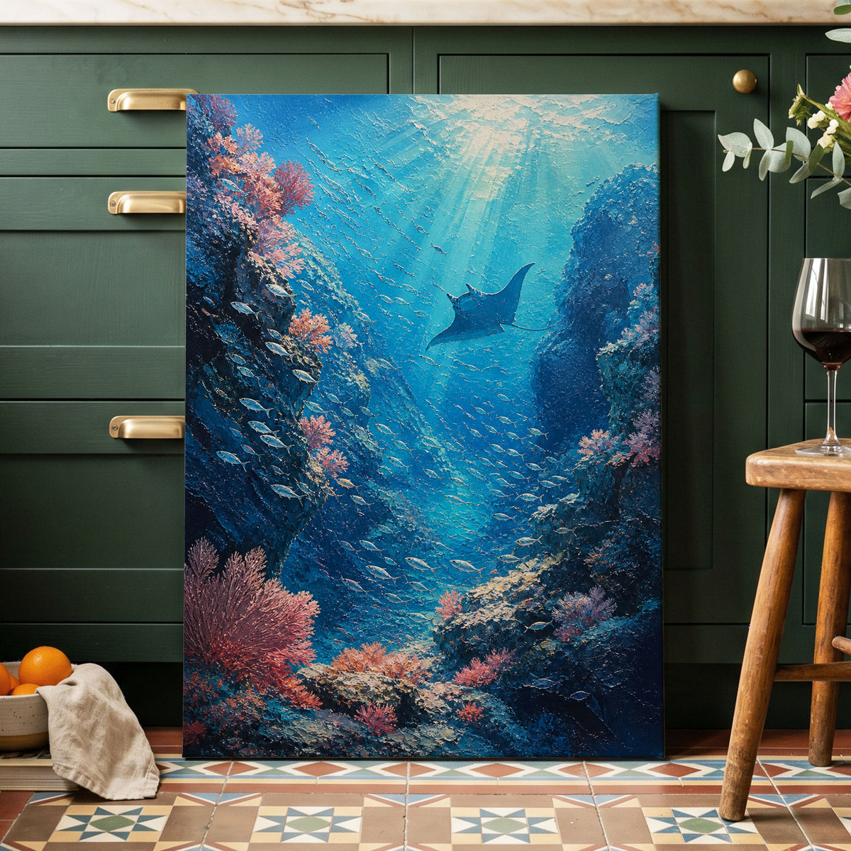 Beneath Azure Waters, blue, pink, white nature wall art on canvas displayed in a styled interior, gallery view 1