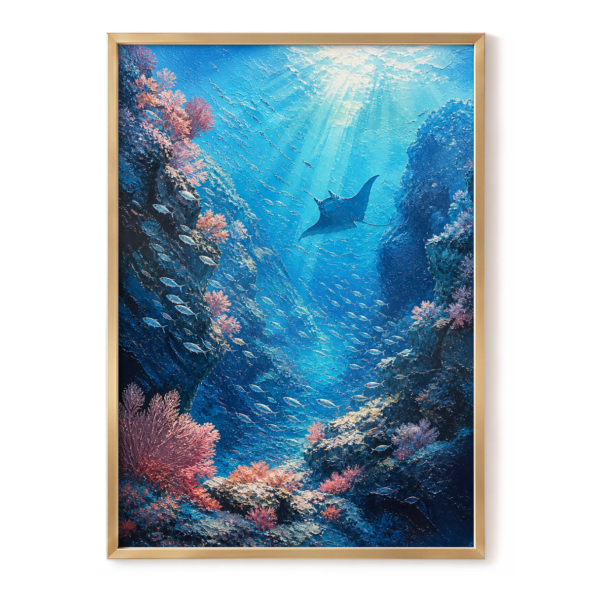 Beneath Azure Waters, blue, pink, white nature wall art, front artwork view