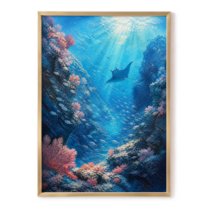 Beneath Azure Waters, blue, pink, white nature wall art, front artwork view