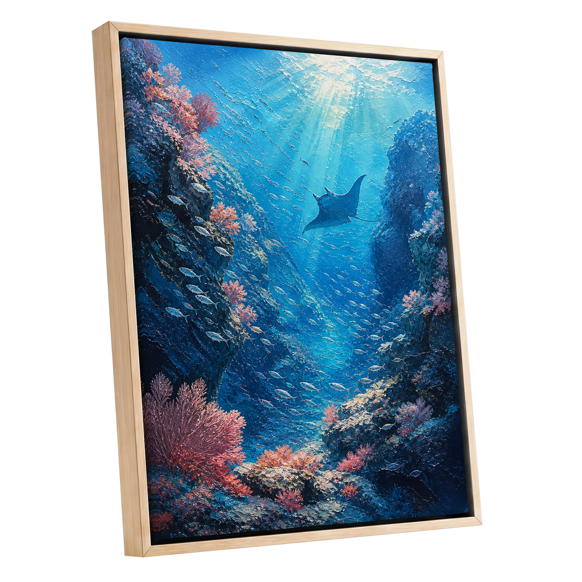 Beneath Azure Waters, blue, pink, white nature wall art shown as a oak framed canvas wall art