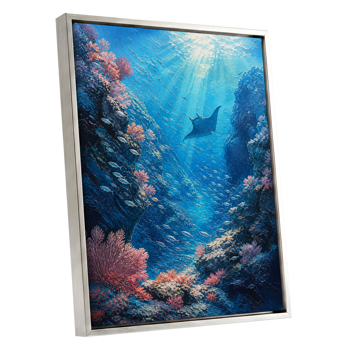 Beneath Azure Waters, blue, pink, white nature wall art shown as a silver framed canvas wall art