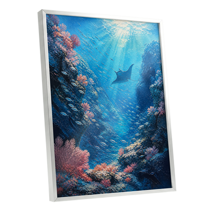 Beneath Azure Waters, blue, pink, white nature wall art shown as a silver framed poster wall art print