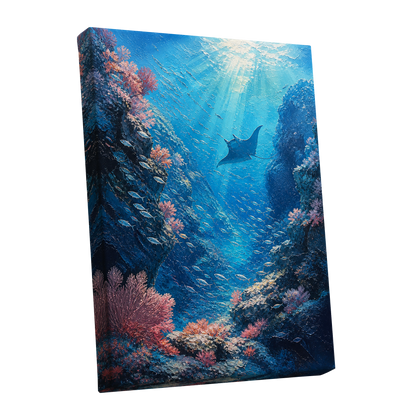 Beneath Azure Waters, blue, pink, white nature wall art shown as a stretched canvas wall art