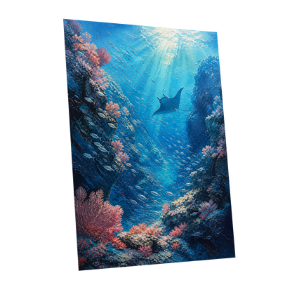 Beneath Azure Waters, blue, pink, white nature wall art shown as a unframed poster wall art print