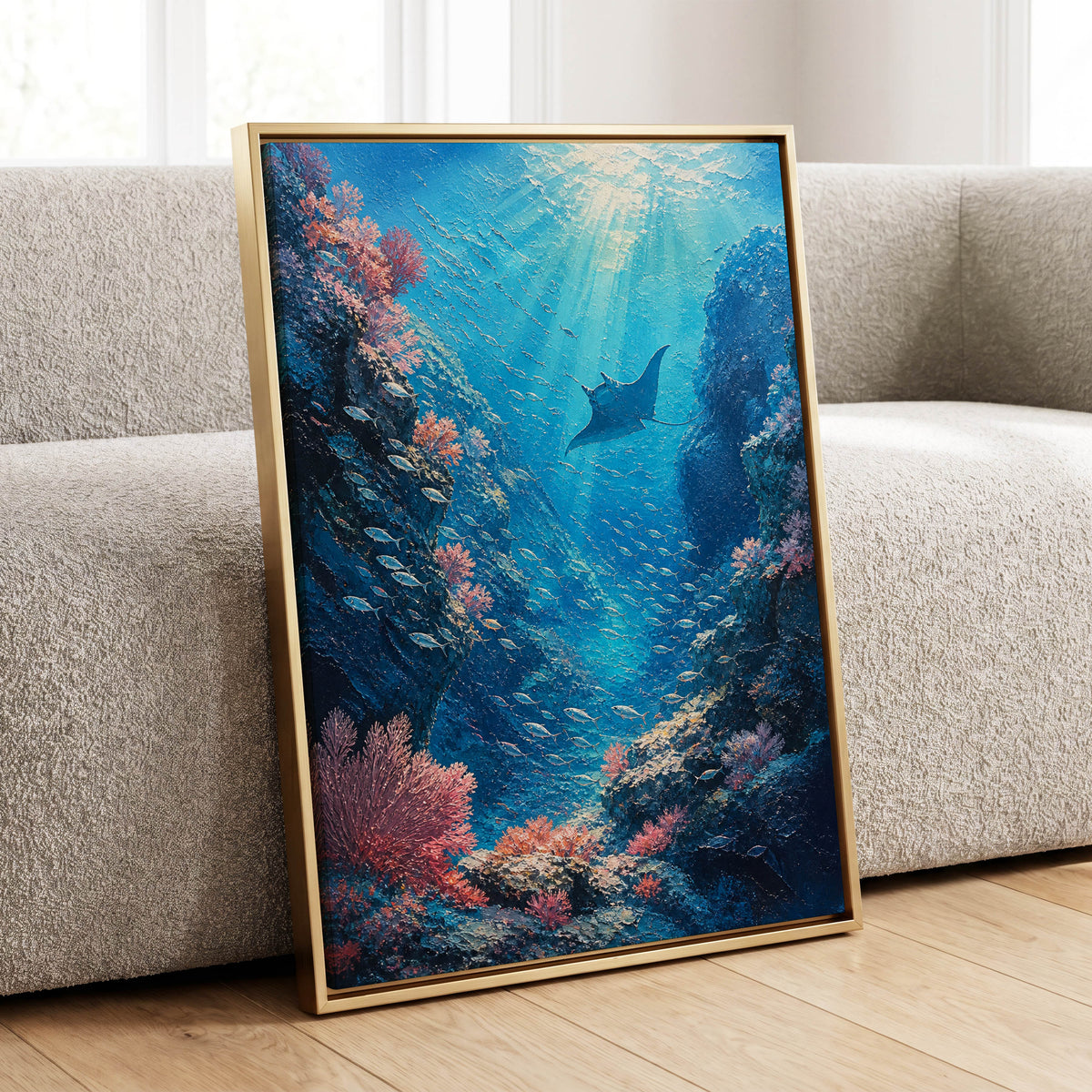 Beneath Azure Waters, blue, pink, white nature wall art displayed in a styled interior, gallery view 1