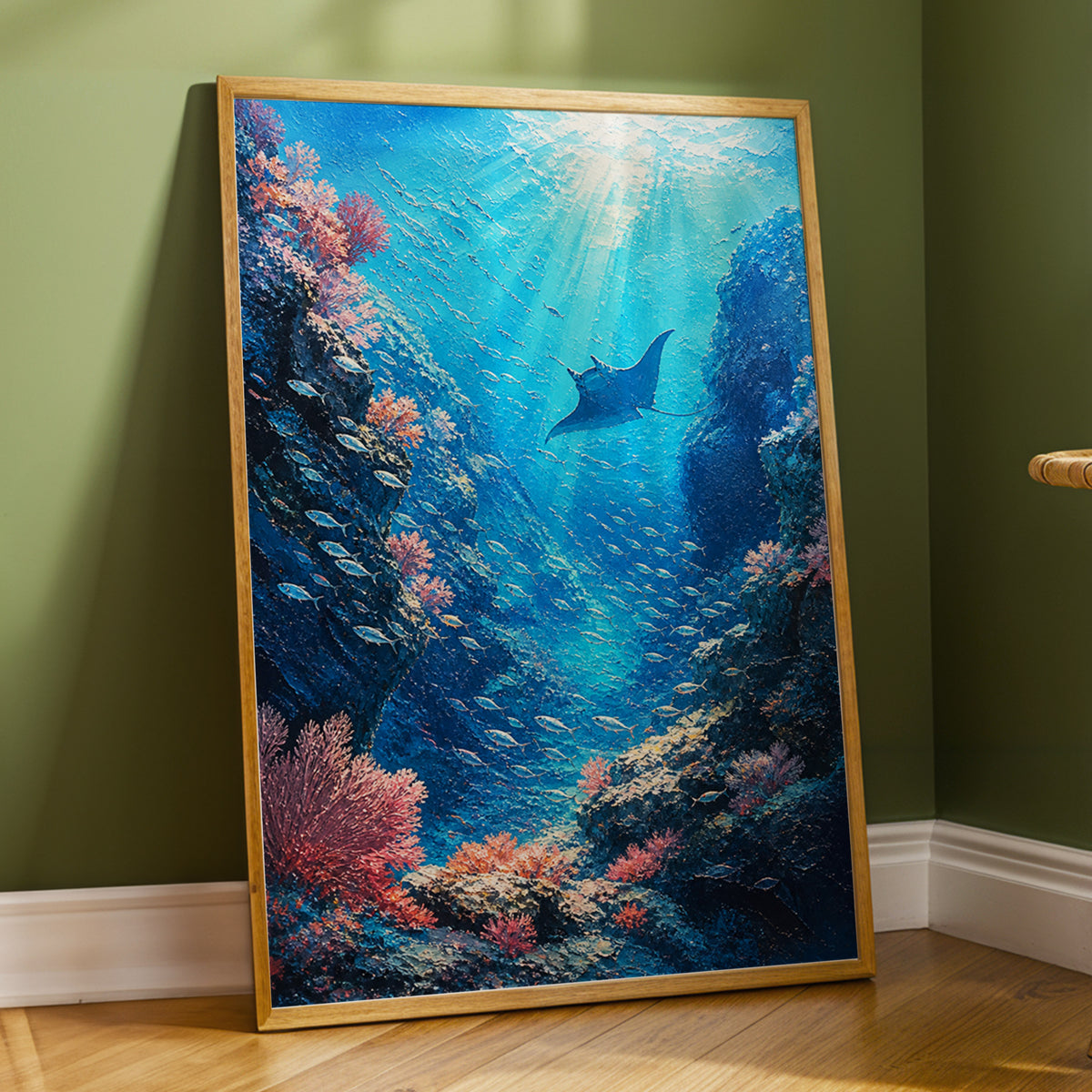 Beneath Azure Waters, blue, pink, white nature wall art displayed in a styled interior, gallery view 3