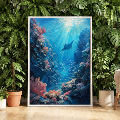 Beneath Azure Waters, blue, pink, white nature wall art displayed in a styled interior, gallery view 5