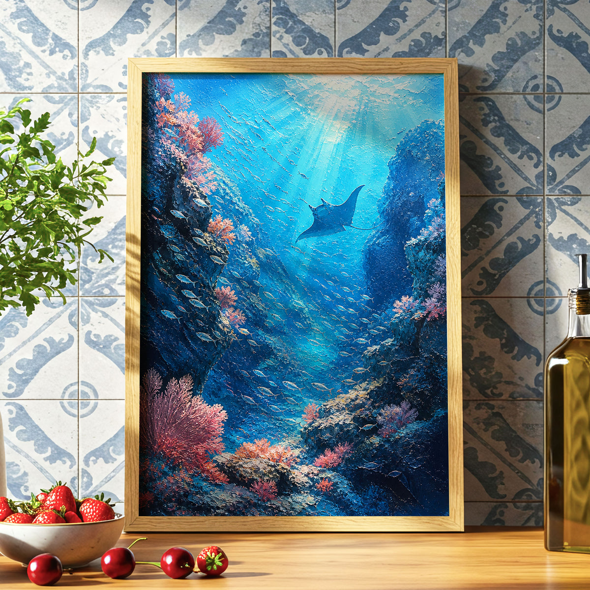 Beneath Azure Waters, blue, pink, white nature wall art displayed in a styled interior, gallery view 6