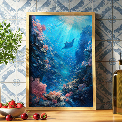 Beneath Azure Waters, blue, pink, white nature wall art displayed in a styled interior, gallery view 6