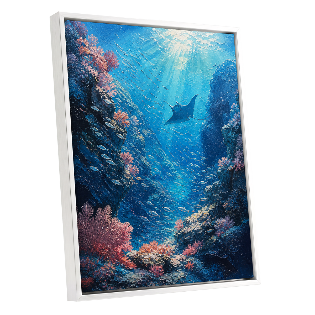 Beneath Azure Waters, blue, pink, white nature wall art shown as a white framed canvas wall art
